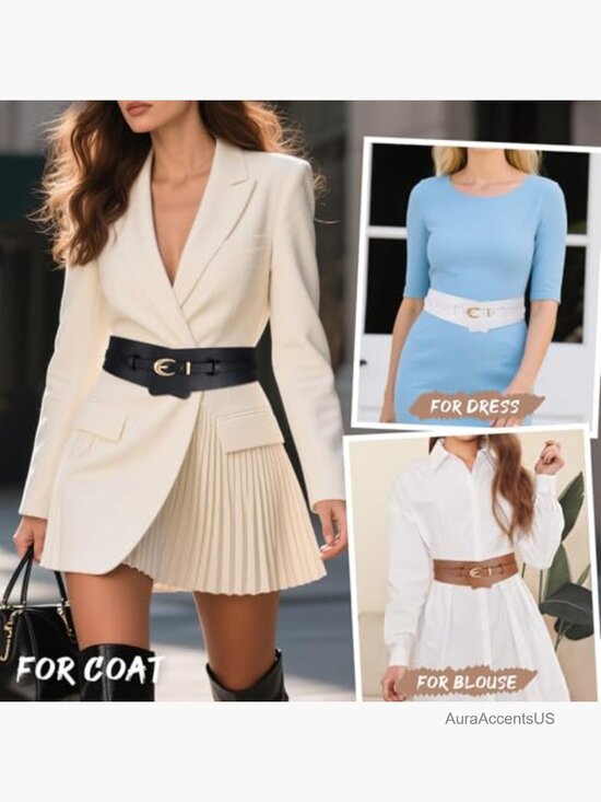 2-in-1 Wide Leather Belt with Detachable Skinny Belt for Dresses